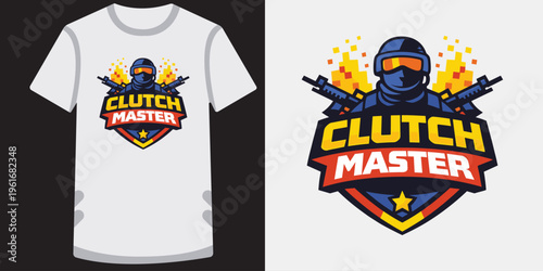 Creative gaming tshirt design featuring a bold clutch master emblem with a soldier and vibrant explosion effects perfect for esports fans and gamers