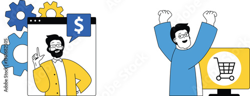 Two happy individuals celebrating success in online business and financial growth through digital tools and shopping carts