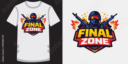 Creative gaming tshirt design featuring a bold soldier with guns and explosive effects ideal for esports fans and gamers