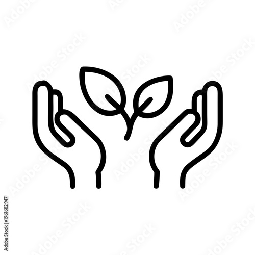 Hands holding plant sprout, concept of care, growth and environmental protection icon