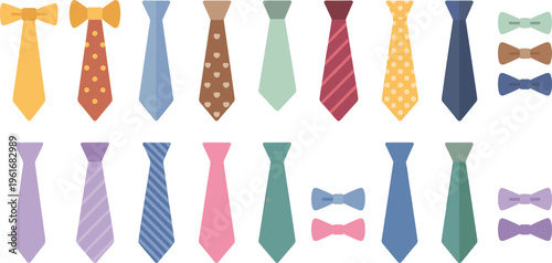 Flat vector collection of colorful neckties and bowties with various patterns like dots and stripes for mens fashion and formal wear.