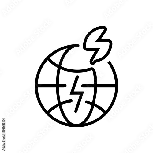 Globe with lightning bolt and leaf symbol signifying clean energy and global environmental protection concept