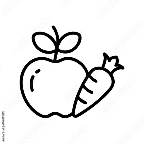 Line art illustration of apple and carrot, symbol for healthy eating, organic food, and nutrition