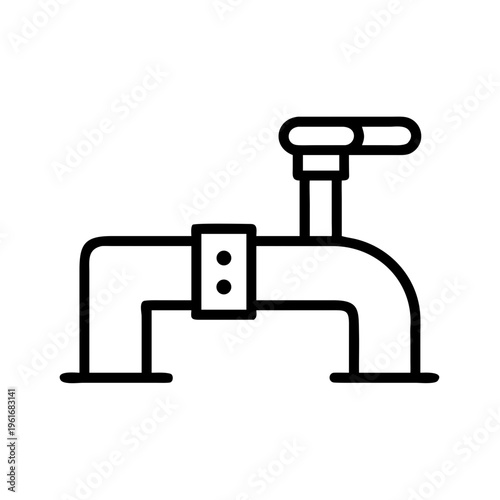 Simple black outline icon of water tap with pipes, symbol for plumbing, water supply, and sanitation