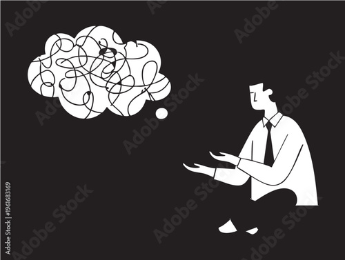 Vector illustration: man with confused thoughts, problem solving concept eps silhouette