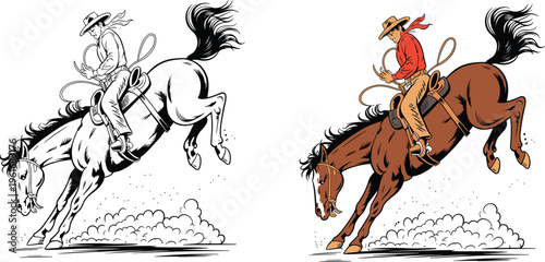 Vintage hand drawn vector illustration of a cowboy riding a bucking bronco horse in a rodeo show competition isolated on white