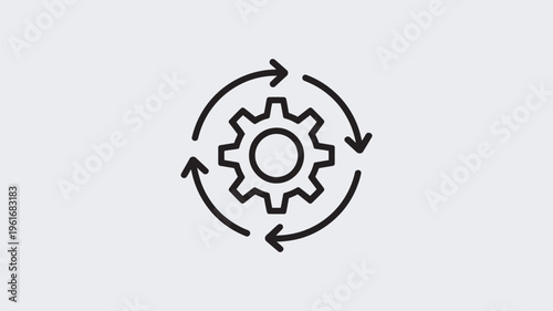 A simple black icon of a gear with circular arrows indicating continuous improvement or process cycle.