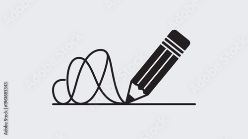 A simple black and white illustration of a pencil creating a scribble on paper