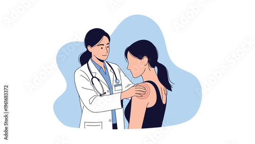 Professional female doctor in a white lab coat examining the shoulder of a young woman patient during a medical checkup in a clinic.