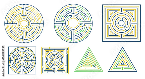 Collection of Geometric Mazes and Labyrinths, Circular and Square Shapes