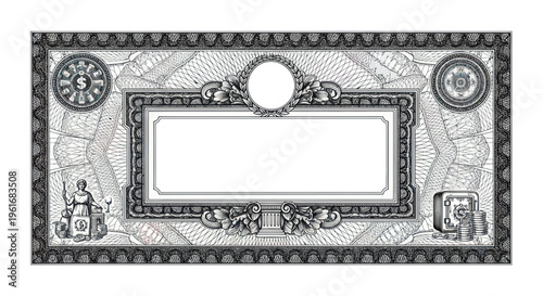Vintage Certificate Blank Template with Ornate Border, Safe, and Goddess of Fortune