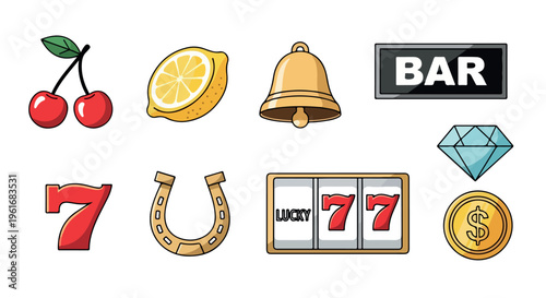 Set of 8 colorful casino slot machine game vector icons