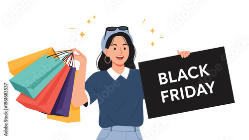 Excited young woman holding multiple colorful shopping bags and a large black sign with Black Friday text during a huge seasonal sale.