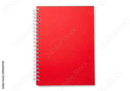 A red spiral bound notebook on a white background