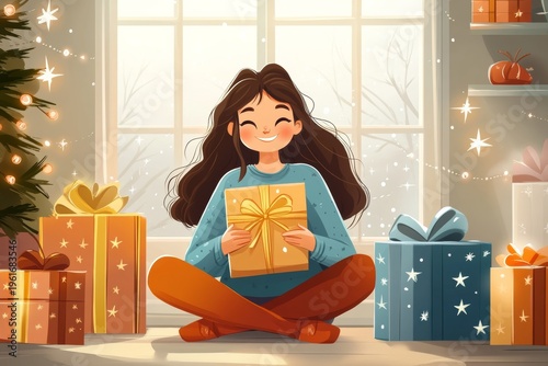selective focus adorable cartoon girl sitting on the floor wrapping holiday gifts with pastel paper and star ribbons