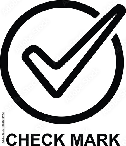Black check mark inside circle with text sign