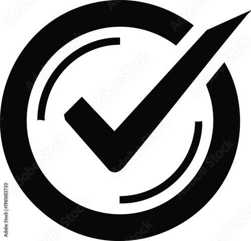 Black check mark inside circle with arcs tick symbol sign