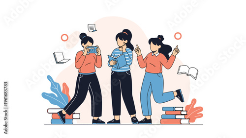 Group of teenage students engaged in reading books and using technology for their education while books float around in a creative space.