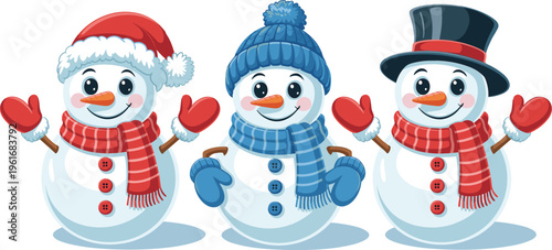 Cute snowman character set with winter hats scarves and mittens in various festive styles for Christmas and holiday season vector illustration isolated on white
