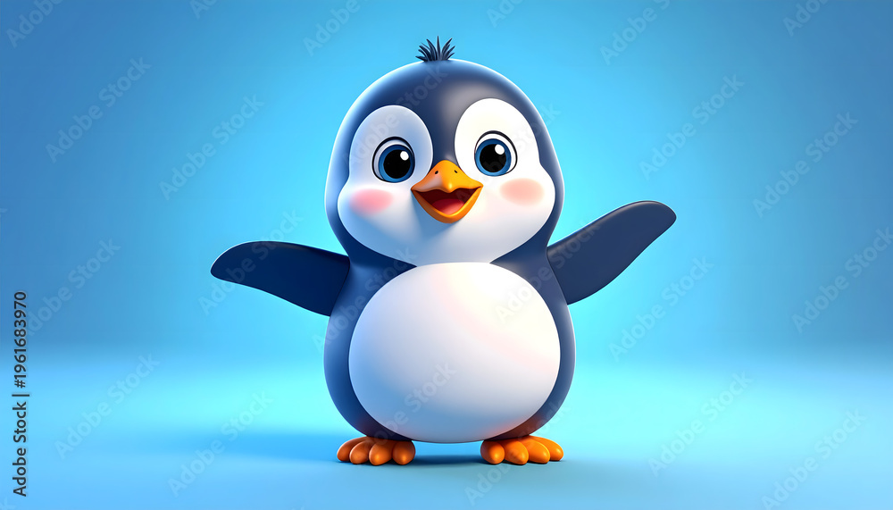 Fototapeta premium A cute 3d cartoon penguin character wearing a baseball cap and blue glasses stands as a funny winter wildlife illustration in the cold snow of Antarctica