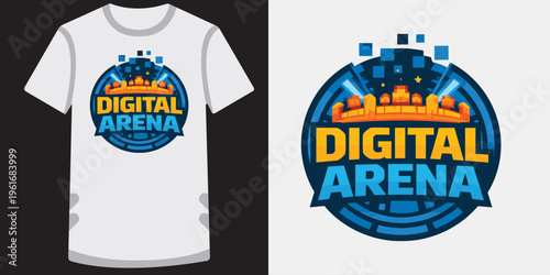 Creative modern tshirt design featuring a vibrant digital arena logo with pixelated elements and futuristic cityscape illustration perfect for gaming and esports enthusiasts
