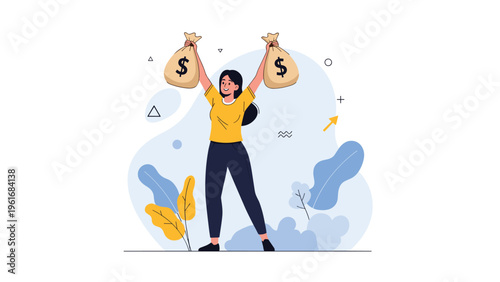 Overjoyed woman standing with her arms raised high while holding two large bags of money featuring dollar signs in a celebratory pose.