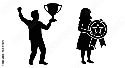 A man and a woman holding a trophy and a star Vector, illustration