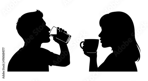 Silhouettes of a boy and girl drinking from a carton and mug Vector, illustration