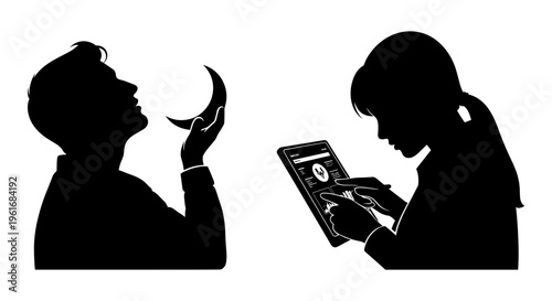 A man and woman are looking at a crescent moon and a smartphone Vector, illustration