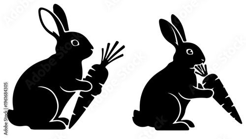 Rabbit eating carrot silhouettes showing various bunny feeding poses isolated on white top.
