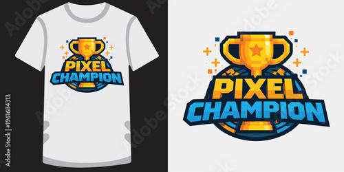 Creative pixel art design featuring a stylized trophy with champion text for gaming and esports enthusiasts perfect for tshirt prints and merchandise