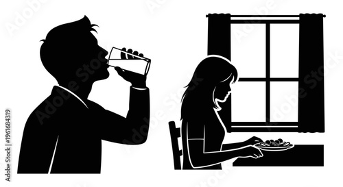 A man and woman sitting in a restaurant eating Vector, illustration