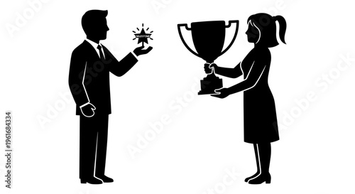 A man and woman exchanging an award and a trophy Vector, illustration