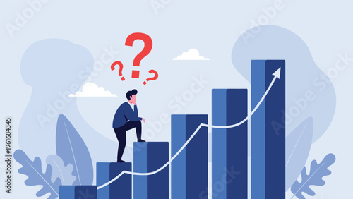 Confused businessman looking at a rising bar chart with several question marks floating above his head while trying to analyze data.