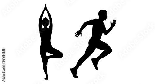 A woman doing yoga and a man running in black silhouette Vector, illustration