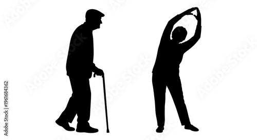 Silhouettes of a person stretching and a person walking with a cane Vector, illustration