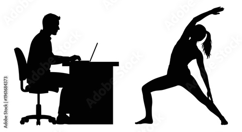 Silhouettes of a man working on computer and a woman stretching Vector, illustration