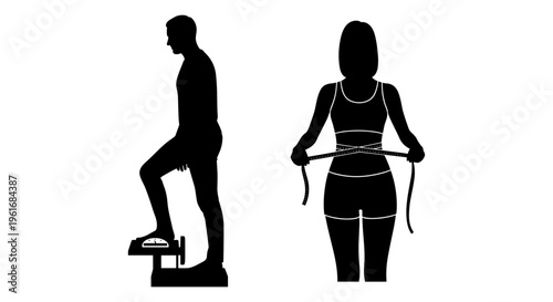A man stepping on a scale and a woman measuring her waist with a tape Vector, illustration
