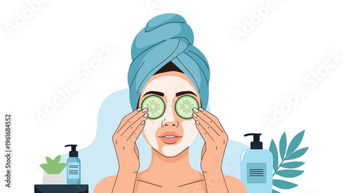 Young woman relaxing with a facial treatment featuring a white cream mask and cucumber slices on her eyes for home spa skincare.