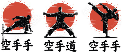 Martial arts karate fighter silhouettes in various action poses with rising sun background and japanese kanji calligraphy for sports club branding and t-shirt design.