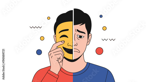 Man holding a smiling yellow mask to hide his sad expression and true feelings exploring the theme of hidden emotions and mental health.