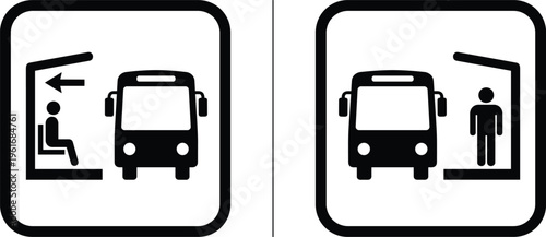 Bus stop icon set showing boarding and waiting passengers public transport shelter symbols minimal black vector illustration navigation signage design