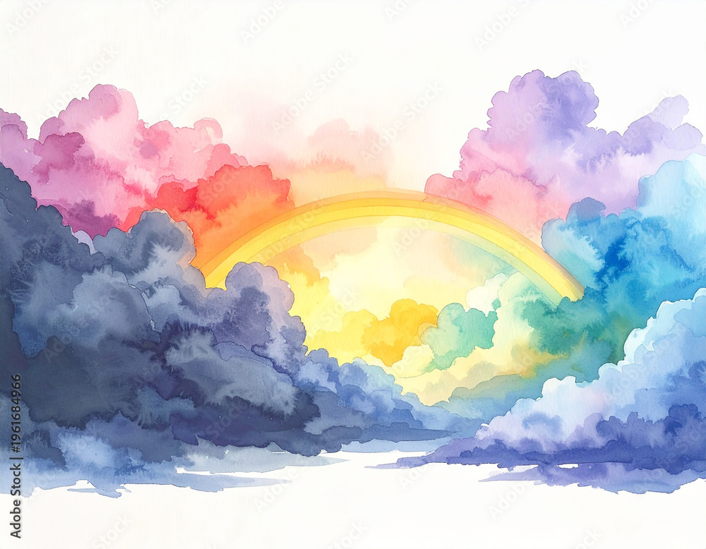 Fototapeta premium Watercolor art illustrating a magnificent rainbow piercing through contrasting vibrant and stormy clouds, evoking hope, renewal, and natural beauty