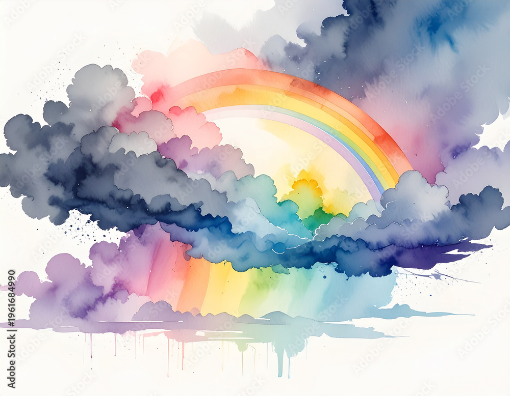 Fototapeta premium A breathtaking watercolor illustration capturing a vibrant rainbow gracefully arching through dramatic stormy clouds, symbolizing hope and beauty amidst the elements with artistic flair