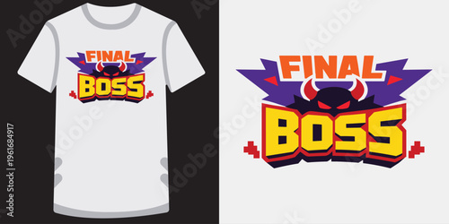 Creative retro gaming inspired tshirt design featuring final boss text with vibrant colors and pixelated devil horns for gamers and esports fans