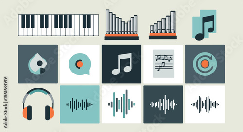 Set of 15 Flat Music and Audio Vector Icons