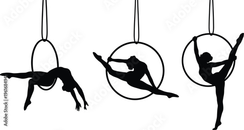 Aerial hoop gymnast silhouettes set acrobatic poses on ring circus performance concept vector illustration black isolated design elegant fitness movement