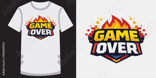 Creative retro gaming tshirt design featuring bold game over text with vibrant pixelated flames effect perfect for gamers and esports fans