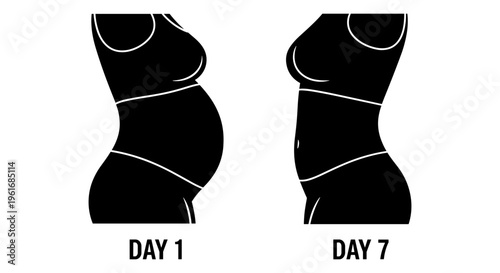 A woman's body on day 1 and day 7 of a diet Vector, illustration