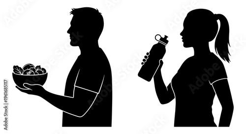 Man and woman choosing between food and water Vector, illustration
